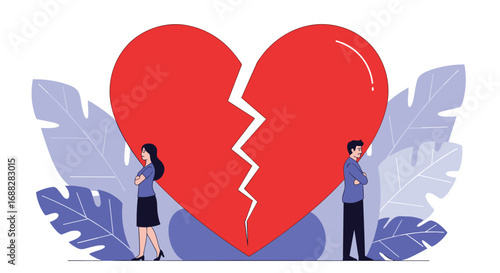 Couple separated by a broken heart symbol surrounded by blue leaves representing relationship breakdown and end of love