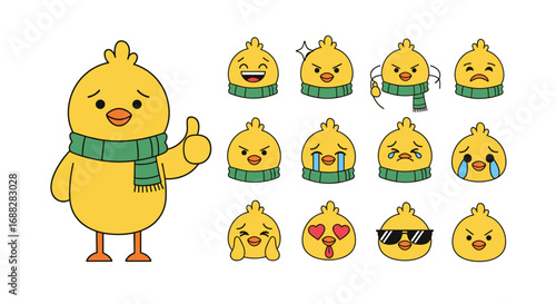 Adorable yellow cartoon chick character expressing a wide range of emotions and gestures