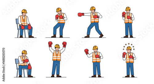 Construction worker boxing poses and actions with gloves ready to fight standing sitting winning punching losing and celebrating