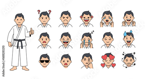Martial arts character expressing various emotions through facial expressions and body language demonstrating different feelings