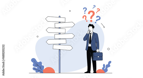Man standing at a crossroads looking confused with many signposts pointing in different directions representing decision making challenges and strategic choices
