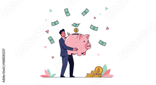 Man happily holding a large piggy bank as money rains down around him showing financial success and savings growth