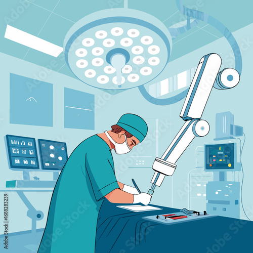 Surgeon Performing Robotic Assisted Surgery in Operating Room.