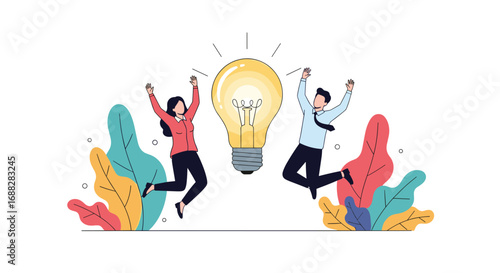 Excited team members celebrating a brilliant new business idea with a glowing lightbulb overhead inspiring innovation and success