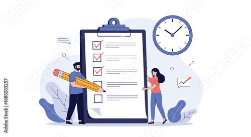 Organizing tasks effectively with a checklist on a clipboard featuring a clock and people demonstrating efficient time management and project planning for success