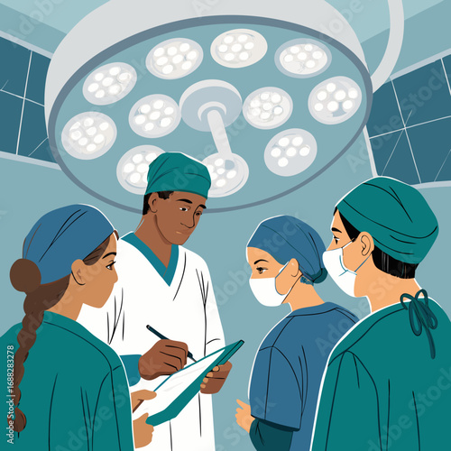 Surgical team discussing a medical procedure in the operating room.