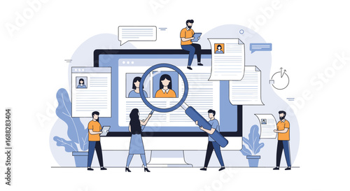 Illustration of people using a magnifying glass and computers to analyze applicant profiles for job hiring and recruitment processes