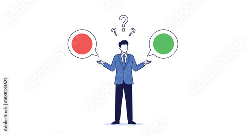 Business professional making a decision between two options with question marks above head showing doubt
