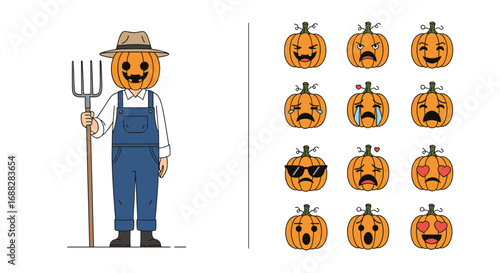 Charming halloween farmer character with expressive pumpkin heads and delightful emotion icons for festive celebrations
