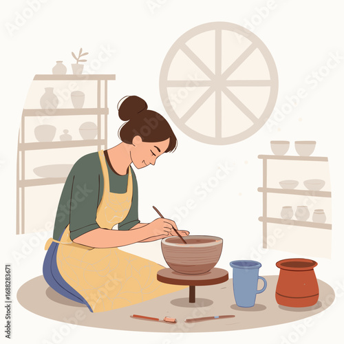 Woman artisan crafting a clay pot on a pottery wheel.