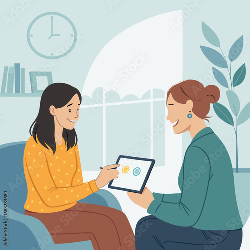 Two Women Discussing Information on a Tablet.