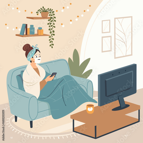 Woman enjoying a relaxing evening of self care at home on the couch.