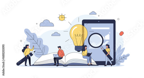 Illustration of people collaborating and learning together in a bright and modern setting creating new ideas