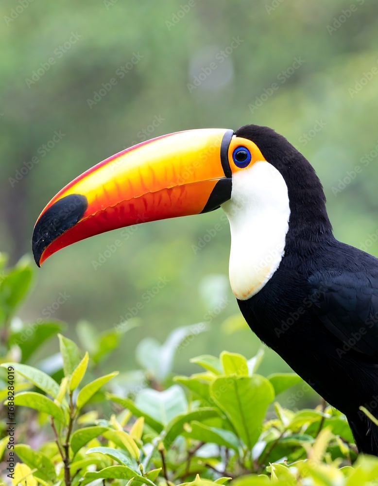 Naklejka premium Close-up of a toucan in lush greenery