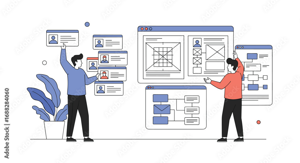 Obraz premium Two people are collaborating on a user interface design project featuring wireframes and profile cards