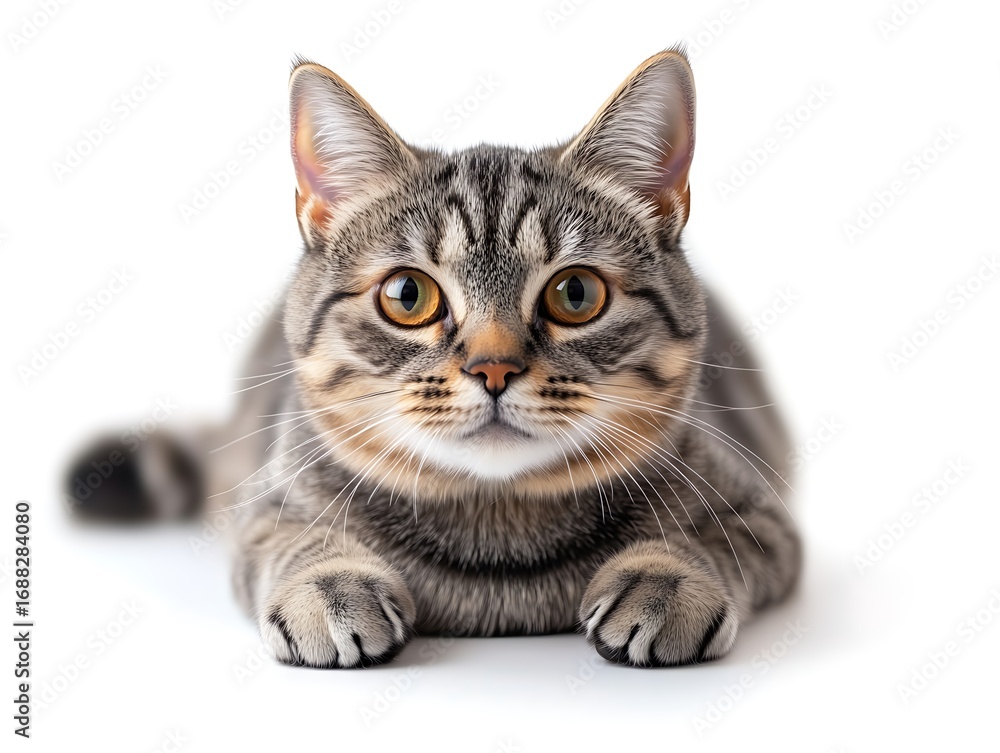 Fototapeta premium Tabby-Patterned Cat Lying Down, Striking Orange-Brown Eyes, Paws Tucked Neatly Under, Clean White Background, Stylish Elegant Feline