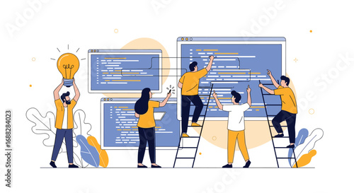Team of developers collaborating on innovative software development project for business growth and success