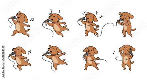 Happy cartoon dog singing into a microphone with musical notes floating around its head showing its joy and happiness