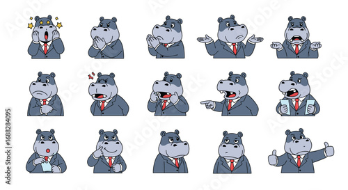 Adorable pixel art hippopotamus characters expressing a range of emotions and actions in business attire