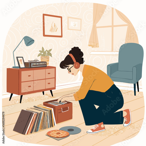 Woman with headphones sorting through her vinyl record collection at home.