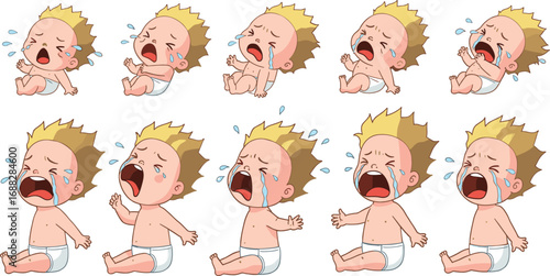 Collection of crying baby cartoon characters with sad faces, tears, emotions, sitting and lying poses, expressing tantrum, stress, sadness illustration