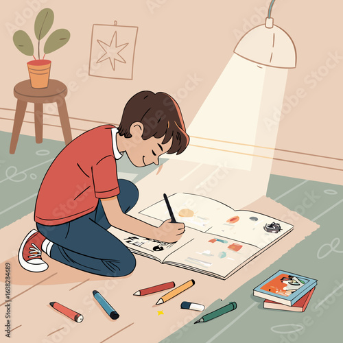 Young boy diligently drawing in his sketchbook on the floor.