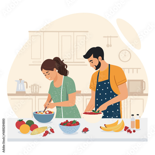 Young couple preparing a healthy fruit salad together in the kitchen.