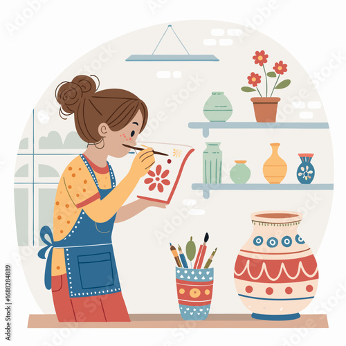 Young female artist in an apron decorating ceramics with a paintbrush.
