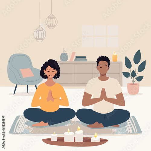 Young diverse couple meditating together at home.