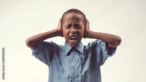 Frustration and Overload: A young individual, shielding their ears from perceived overwhelming sound, radiates visible agitation and distress.