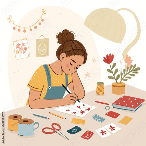 Young girl focused on her creative drawing hobby at a desk.