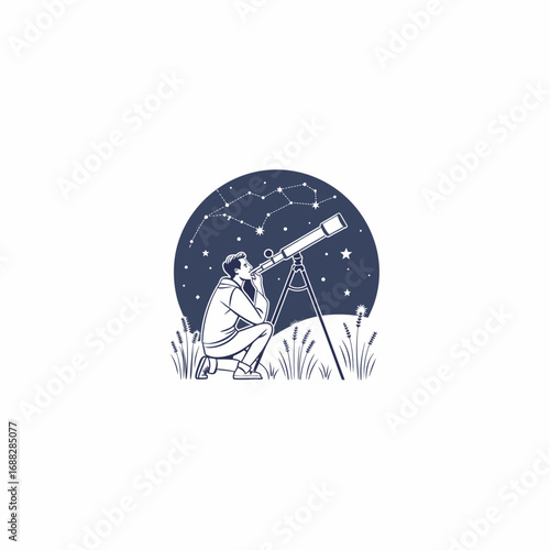 A lone stargazer seeks cosmic wonders through his telescope lost in contemplation under a dark star filled night sky in