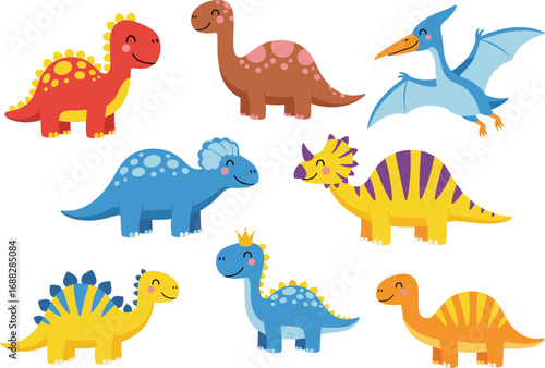 Cute colorful cartoon dinosaurs collection with smiling faces including triceratops, stegosaurus, brontosaurus, pterodactyl, and fantasy dinosaur characters illustration