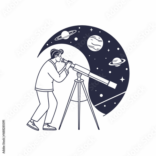 A young stargazer lost in wonder through his telescope exploring the vast universe with planets and stars in a crescent