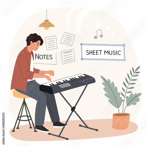 Young man playing an electronic keyboard at home.