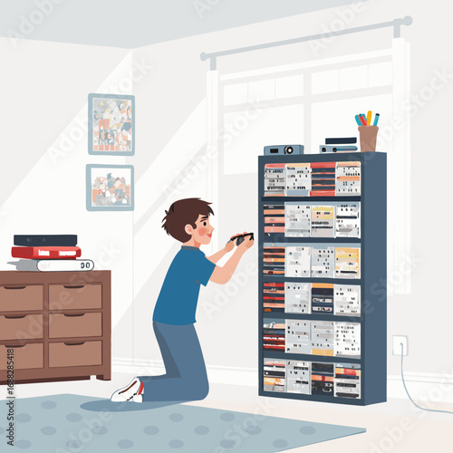 Young person choosing a video game from a large collection.