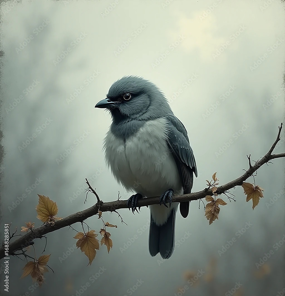 Fototapeta premium Sad Lonely Bird on Bare Branch Under Gray Sky