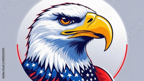 Close-up illustration of an eagle's head, featuring bold colors and an American flag design, radiating a patriotic and powerful aesthetic.