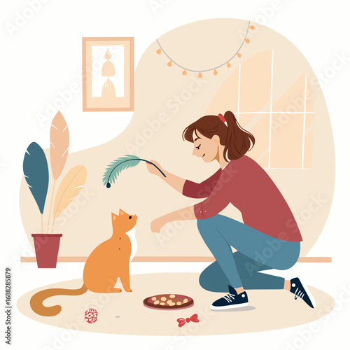 Young woman playing with her ginger cat at home.