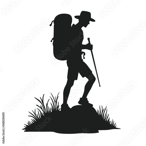 Silhouette of hiker with backpack and walking stick on grassy rock