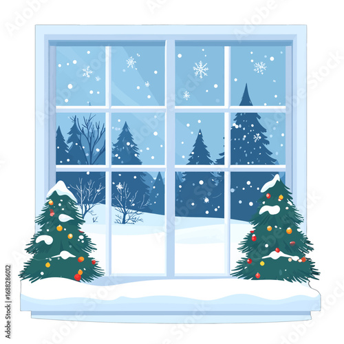 Pixel Art Winter Window View with Falling Snow and Decorated Christmas Trees in a Snowy Landscape with Blue Hues in Soft Lighting
