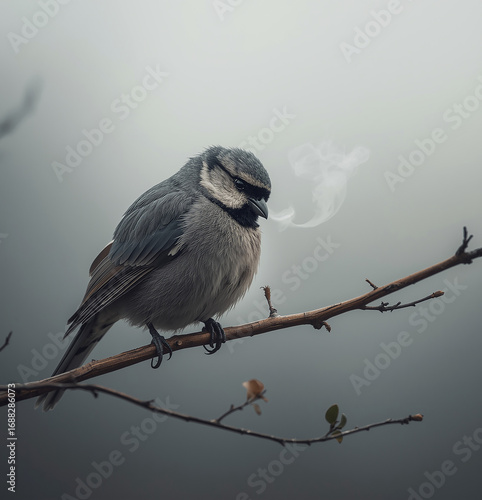 Sad Lonely Bird on Bare Branch Under Gray Sky