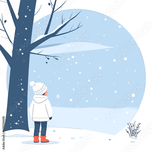 Winter Scene Depicting Girl Standing Near Tree in Snowy Landscape with Falling Snowflakes in Blue and White Pixel Art