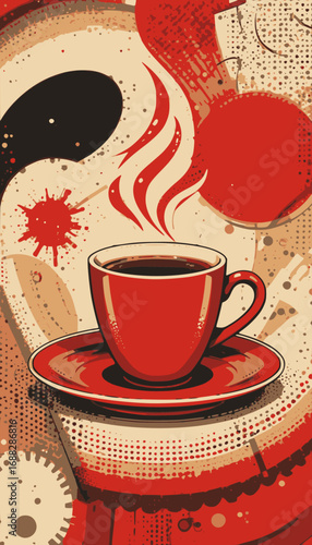 Illustration of a hot espresso cup in red with saucer