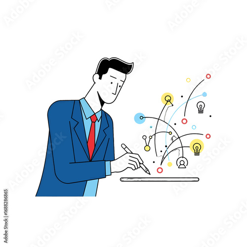 Business Professional in Suit Drawing Abstract Ideas on Tablet with Stylus Pen and White Background
