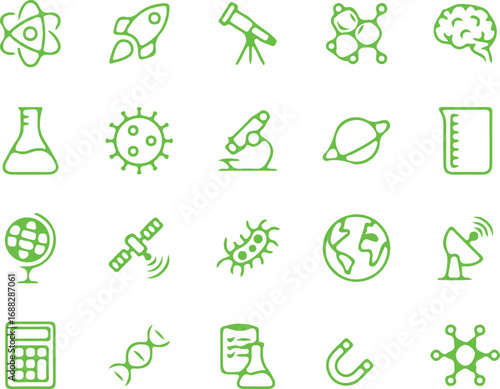 Set of Green Line Icons for Space, Science, and Technology – Vector Outline Symbols for Astronomy and Research