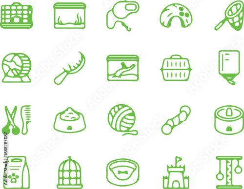 Set of Green Line Icons for Pet Care and Animals – Vector Outline Symbols for Pets and Veterinary
