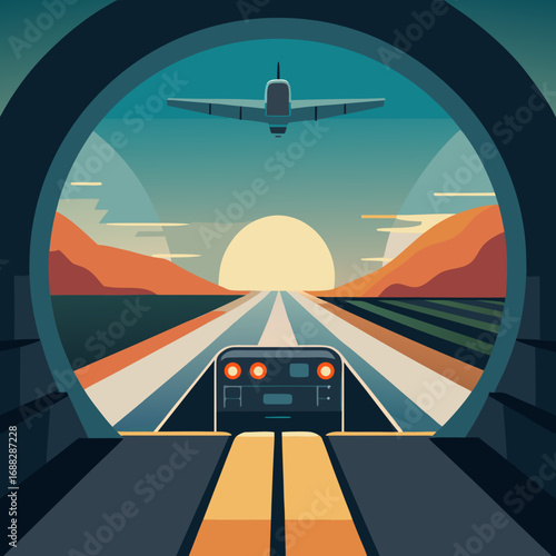 Train Tunnel with Airplane and Sunset Illustration