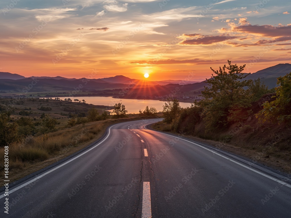 Fototapeta premium Golden Hour Drive, Serene Landscape With Winding Road and Sunset, Calming, Peaceful View.