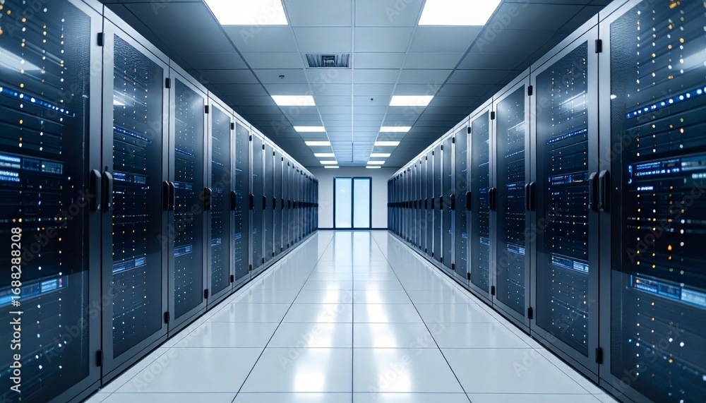 Fototapeta premium Data center corridor showcases rows of server racks and equipment in a modern, technologically advanced facility with a bright, clean, and secure environment